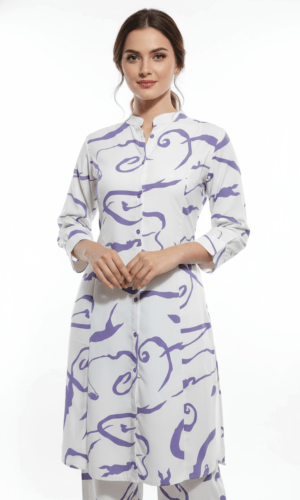 Lavender and White Art Kurti Set